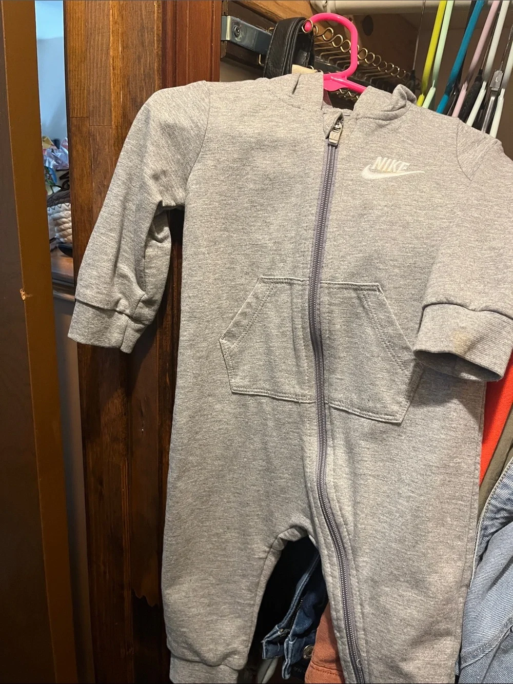 Nike Light Gray Hooded Baby One-Piece Zip Footie